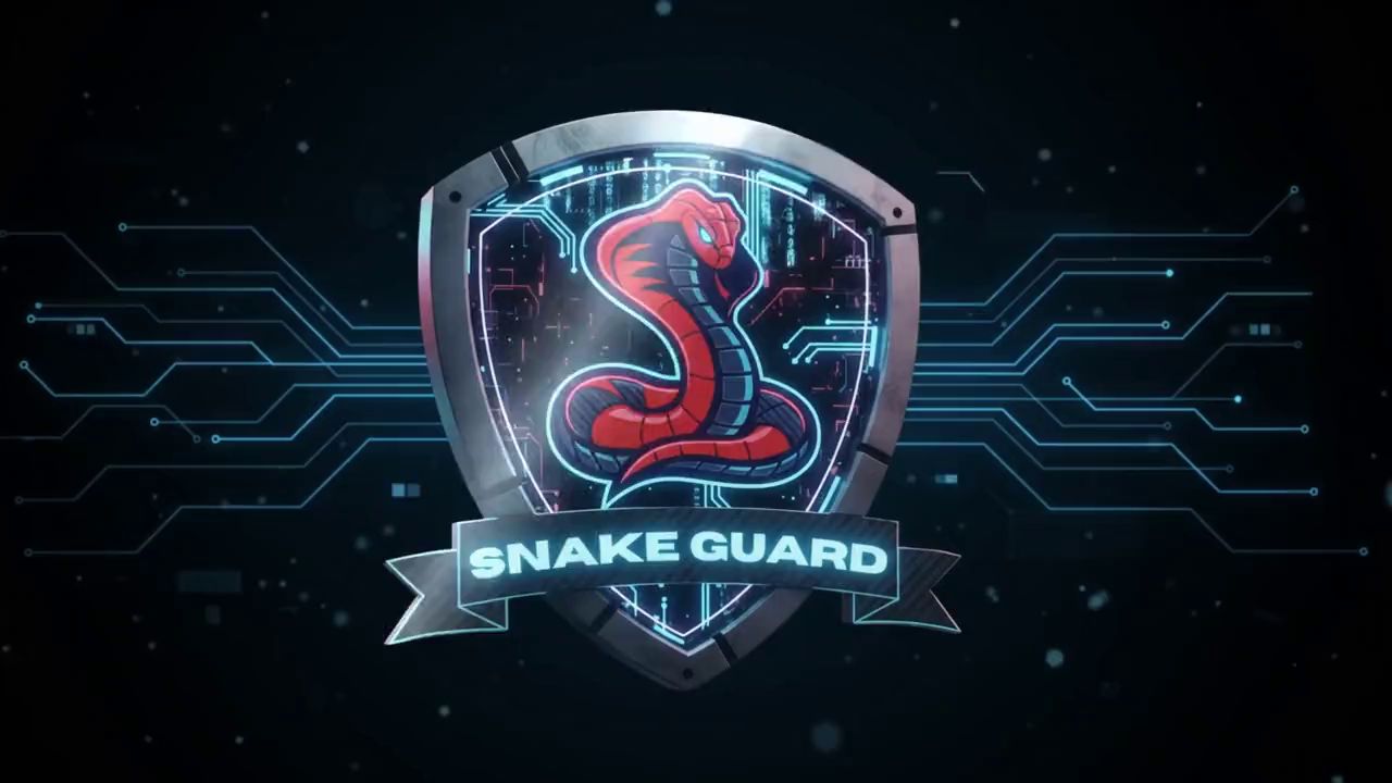 Logo Snake Guard: kobra merah dalam perisai bersirkuit neon